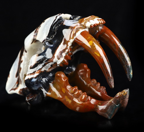 5.9" Black Zebra Agate Hand Carved Smilodon SABER-TOOTHED Tiger/Cat Skull, Crystal Healing