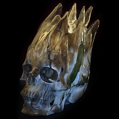 5.5" Dinosaur Egg Agate Hand Carved Flaming Crystal Skull, Crystal Healing