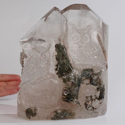 July 11, 2026 ACSAD (A Crystal Skull a Day) - Wisdom Rested Here - 7.5" Phantom Quartz Rock Crystall Hand Carved Crystal Skull and Owls Fine Art Sculpture, Crystal Healing