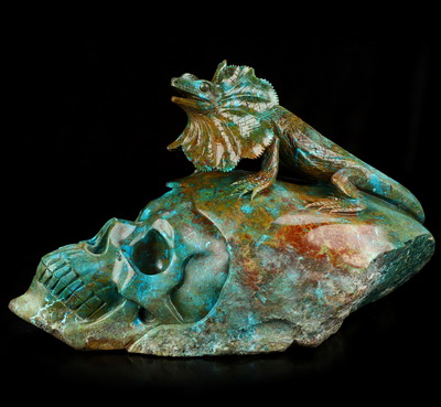 July 23, 2026 ACSAD (A Crystal Skull a Day) - Oasis of the Forgotten Sun - 9.0" Carved Gemstone Chrysocolla Frilled Lizard Crystal Skull Fine Art Sculpture, Crystal Healing