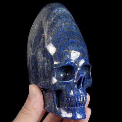 Gemstone 4.4" Lapis Lazuli Hand Carved Incan Crystal Skull Sculpture With Stand, Crystal Healing