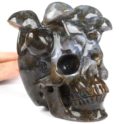 5.2" Green Moss Agate Hand Carved Mushroom Crystal Skull Sculpture, Crystal Healing