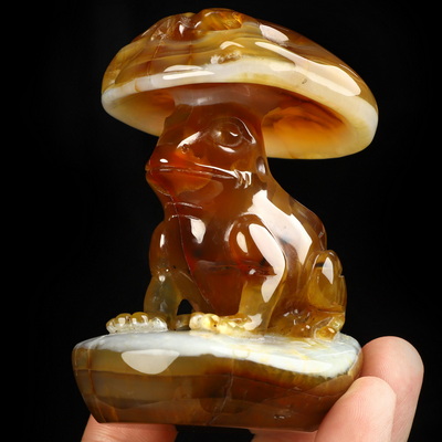 3.2" Agate Hand Carved Crystal Skull and Frog Fine Art Sculpture, Crystal Healing