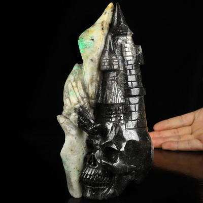 7.9" Emerald Hand Carved Crystal Skull Fine Art Sculpture, Crystal Healing