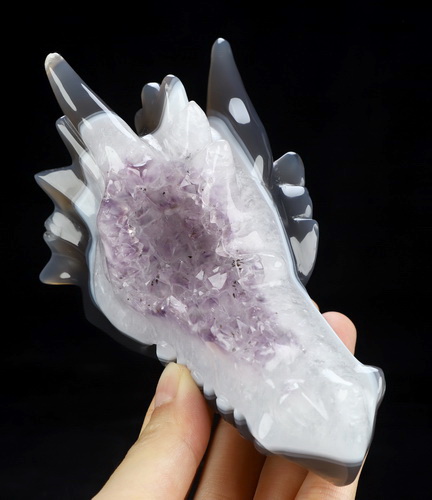 5.0" Agate Amethyst Druse Hand Carved Crystal Dragon Head Skull Sculpture, Crystal Healing