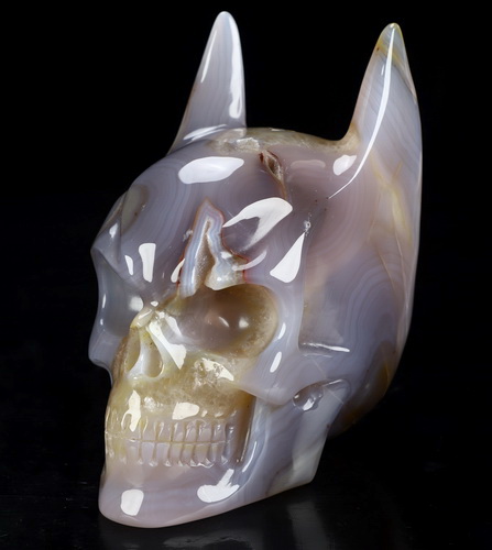 5.1" Premium Brazilian Agate Hand Carved Batman Crystal Skull Fine Art Sculpture, Crystal Healing