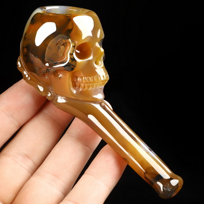 4.2" Premium Brazilian Agate Hand Carved Crystal Skull Pipe