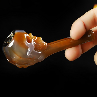 4.2" Premium Brazilian Agate Hand Carved Crystal Skull Pipe, Crystal Healing