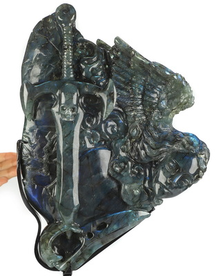 Aug 26, 2026 ACSAD (A Crystal Skull a Day) - The Vigil of Brynhild - 10.5" Labradorite Hand Carved Crystal Skull Fine Art Sculpture With Raven, Valkyrie & Sword, Crystal Healing