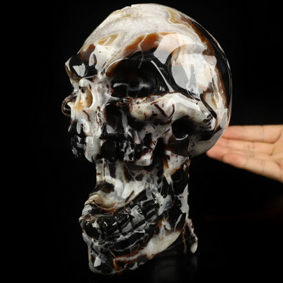 6.7" Black Zebra Agate Hand Carved Screaming Crystal Skull Sculpture, Crystal Healing