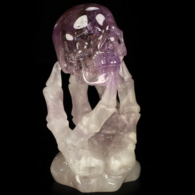 4.7" Amethyst Hand Carved Crystal Skull with Hand Bone Fine Art Sculpture, Crystal Healing