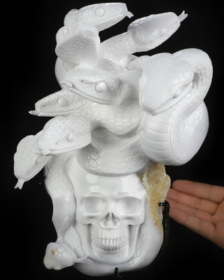 Aug 25, 2026 ACSAD (A Crystal Skull a Day) - The Unbroken Hydra - 7.4" White Jade Hand Carved Crystal Skull Sculpture With Nine Serpents, Crystal Healing