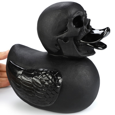 8.1" Black Obsidian Hand Carved Crystal Skull Duck Fine Art Sculpture, Crystal Healing