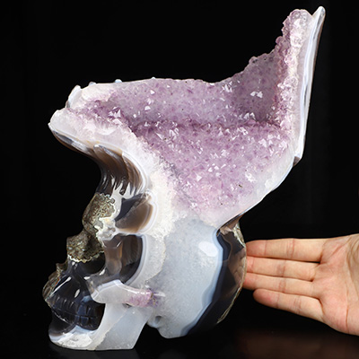 9.3" Agate Amethyst Druse Hand Carved Crystal Skull Fine Art Sculpture, Crystal Healing