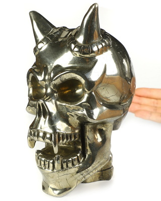 Ring-Base Horned Skull - 6.8" Pyrite Hand Carved Crystal Skull Fine Art Sculpture, Crystal Healing