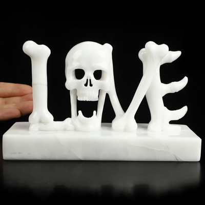 Sept 4, 2026 ACSAD (A Crystal Skull a Day) - To the Very Bone - 7.2" White Jade Hand Carved Crystal Skull Fine Art Sculpture depicting "LOVE" formed by human anatomical bones and a skull, Crystal Healing