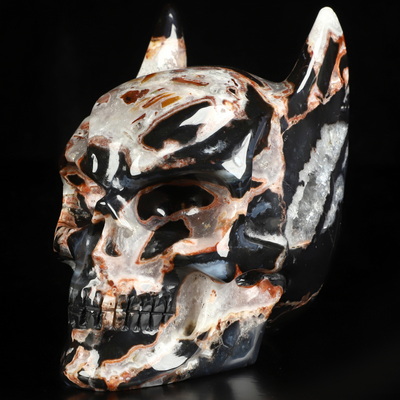 5.0" Black Zebra Agate Hand Carved Batman Crystal Skull Fine Art Sculpture, Crystal Healing