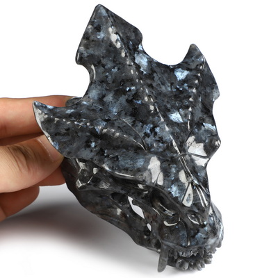 4.4" Larvikite Hand Carved Pterodactyl Crystal Skull Fine Art Sculpture, Crystal Healing