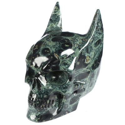 5.0" Kambaba Jasper Hand Carved Batman Crystal Skull Fine Art Sculpture, Crystal Healing