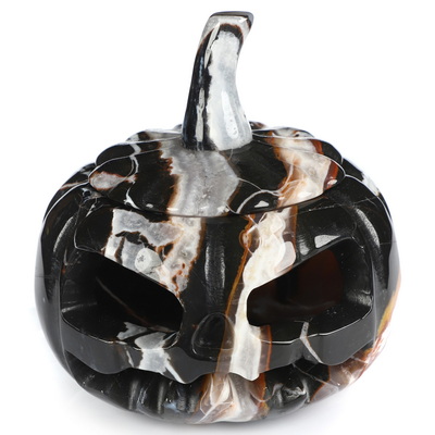 4.1" Black Zebra Agate Hand Carved Hollow Jack-O'-Lantern Pumpkin Crystal Skull Sculpture