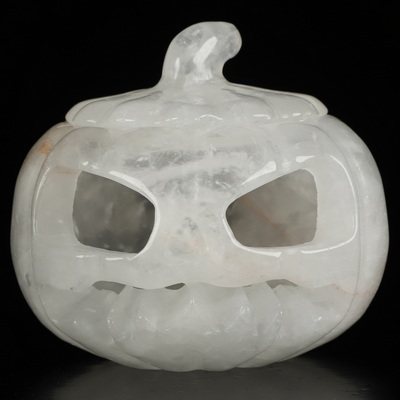 3.9" Quartz Rock Crystal Hand Carved Hollow Jack-O'-Lantern Pumpkin Crystal Skull Sculpture