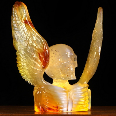Sept 20, 2026 ACSAD (A Crystal Skull a Day) - Reborn from the Bone - 4.4" Agate Hand Carved Winged Crystal Skull Fine Art Sculpture, Crystal Healing