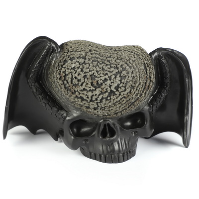 6.4" Shungite and Pyrite Hand Carved Crystal Skull Fine Art Sculpture, Crystal Healing