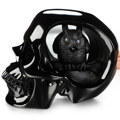 Sept 23, 2026 ACSAD (A Crystal Skull a Day) - The Dark Has Eyes - 8.0" Black Obsidian Hand Carved Crystal Skull and Owl Sculpture with Labradorite Eyes, Crystal Healing