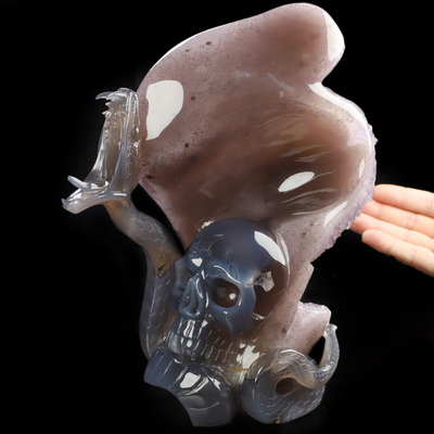 Sept 24, 2026 ACSAD (A Crystal Skull a Day) - Lilith’s Crown - 8.0" Agate Amethyst Druse Hand Carved Serpent & Crystal Skull Sculpture, Crystal Healing