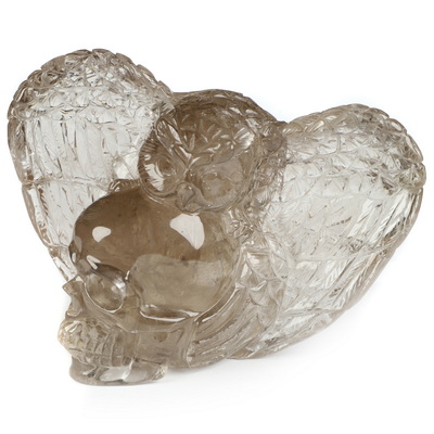 4.8" Smoky Quartz Rock Crystal Hand Carved Crystal Skull and Owl Sculpture, Crystal Healing