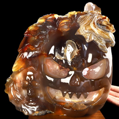 No Gravity Tonight - 8.7" Agate Amethyst Geode Hand Carved Jack-O'-Lantern Pumpkin Crystal Skull Sculpture, Crystal Healing