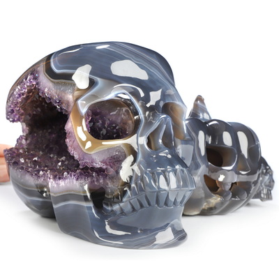 Oct 16, 2026 ACSAD (A Crystal Skull a Day) - The Night Has a Sense of Humor - 10.2" Hand Carved Agate Amethyst Geode Crystal Skull Featuring a Jack-o'-lantern and Companion Skull Set Fine Art Sculpture, Crystal Healing