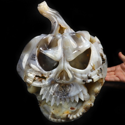 11.1" Agate Geode Hand Carved Pumpkin Crystal Skull Sculpture, Crystal Healing