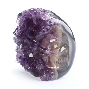 1.8" Agate Amethyst Druse Hand Carved Crystal Skull Fine Art Sculpture, Crystal Healing
