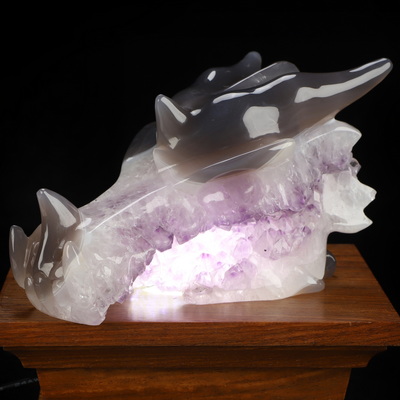 5.6" Agate Amethyst Druse Hand Carved Crystal Dragon Skull Sculpture, Crystal Healing