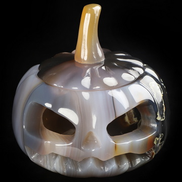 4.0" Premium Brazilian Agate Hand Carved Hollow Jack-O'-Lantern Pumpkin Crystal Skull Sculpture, Crystal Healing