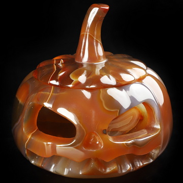 4.0" Premium Brazilian Agate Hand Carved Hollow Jack-O'-Lantern Pumpkin Crystal Skull Sculpture, Crystal Healing