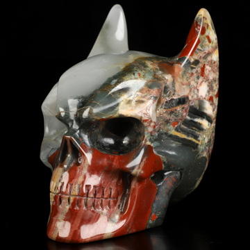 3.5" African Bloodstone Hand Carved Batman Crystal Skull Fine Art Sculpture, Crystal Healing