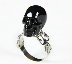 Black Obsidian Carved Crystal Skull Ring with Sterling Silver