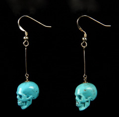 Gemstone Turquoise Carved Crystal Skull Earrings with Sterling Silver