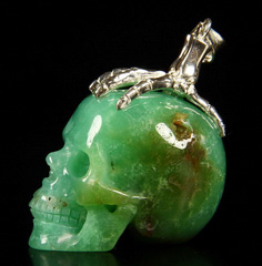 Gemstone Chrysoprase & 925 Sterling Silver Carved Crystal Skull with 925 Sterling Silver Bones Pendant