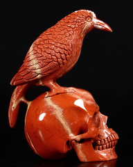 HUGE 6.1" Red Jasper Carved Crystal Skull & Raven Sculpture