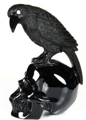 HUGE 7.1" Black Obsidian Carved Crystal Raven and Skull Sculpture