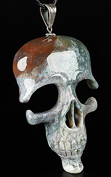 HUGE 5.2" Green Moss Agate & 925 Sterling Silver Carved Crystal Skull Mask Pendant with 925 Sterling Silver