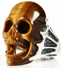 Gemstone Size 10, Gold Tiger Eye Carved Crystal Skull Ring with Sterling Silver