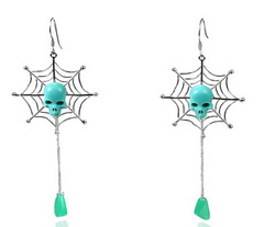 Gemstone Turquoise & chrysophrase & 925 Sterling Silver Carved Crystal Skull Earrings, White Gold Plated 925 Sterling Silver