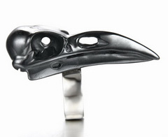 Size 10, Hematite & 925 Sterling Silver Carved Crystal Raven Skull Ring with & 925 Sterling Silver
