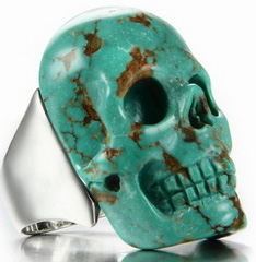 Gemstone Size 10, Turquoise Carved Crystal Skull Ring with Sterling Silver