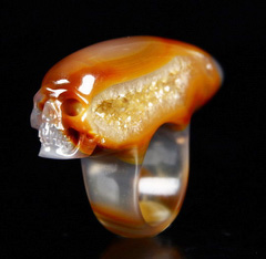 Unique Geode Size 9 1/2, Carnelian Carved Crystal Skull Ring