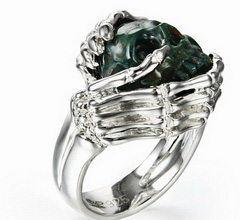 Gemstone size 9, Bloodstone Carved Crystal Skull with sterling silver Bones Ring